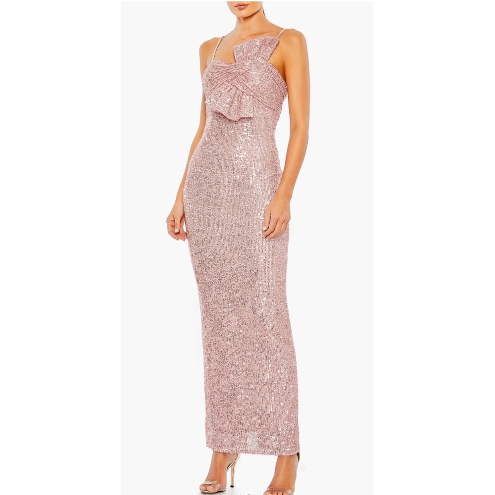 Mac Duggal x Ieena Rose Pink Sequined Faux Bow Column Gown NWT 14